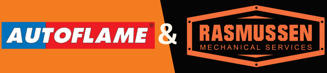 Autoflame and Rasmussen Mechanical Services partnership logo, representing advanced burner management and combustion control solutions.