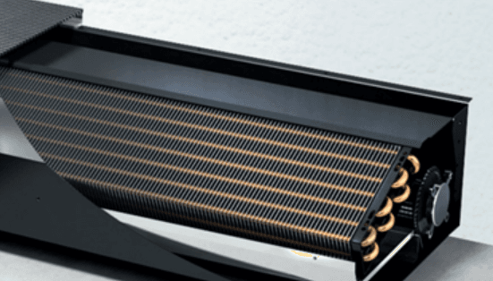 cutaway of a fan coil unit with interior components exposed.